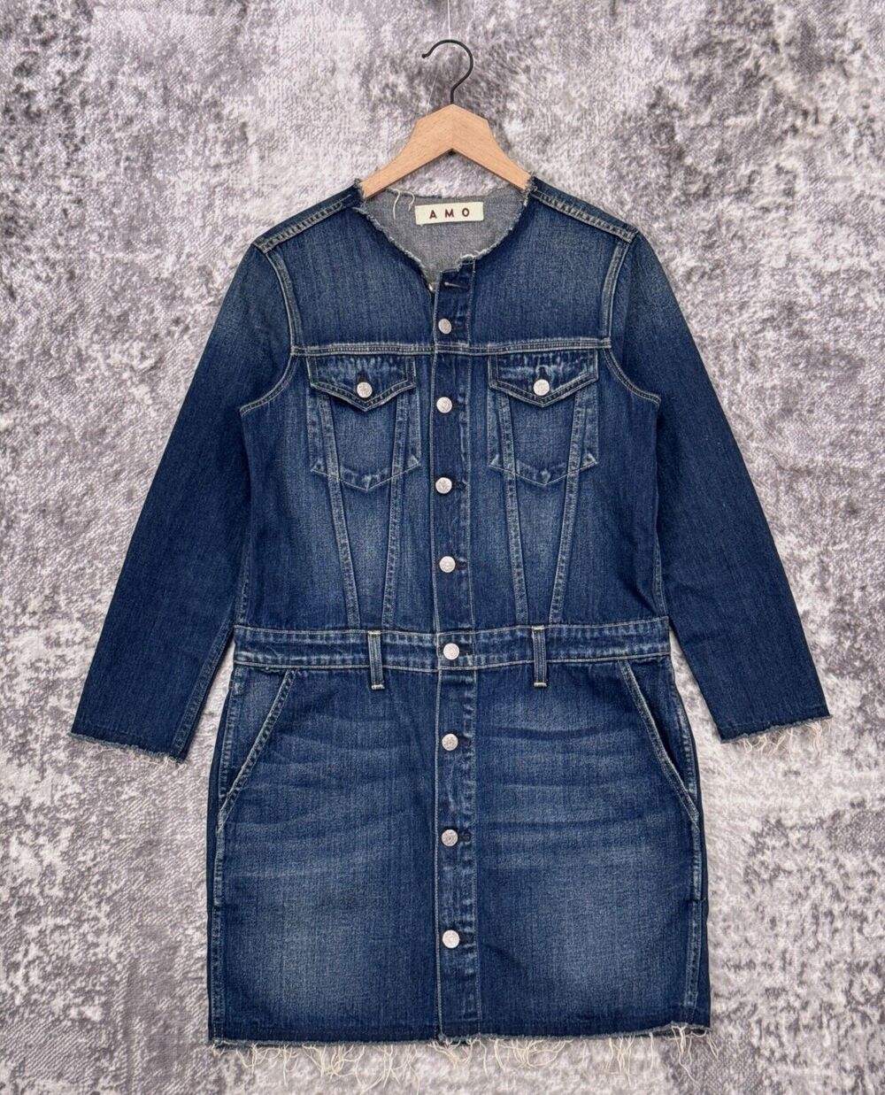 AMO Dress Medium Womens Lola Blue Denim Button Down Raw Hems